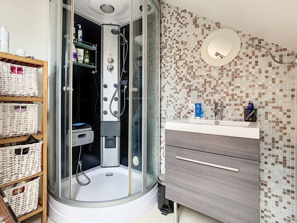 salle d'eau avec douche, évier et mosaïque