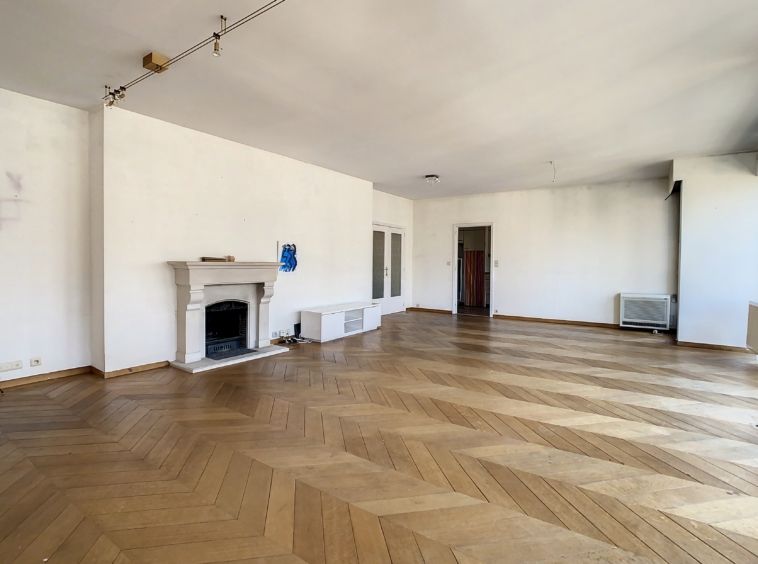 Large living room with parquet floor and fireplace to renovate
