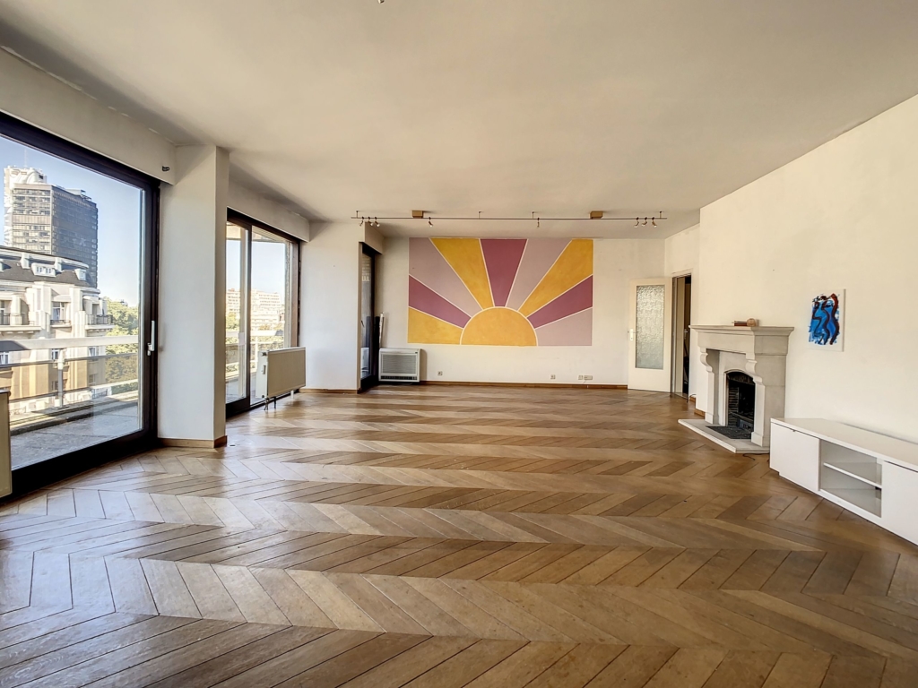 Large living room with parquet floor and fireplace