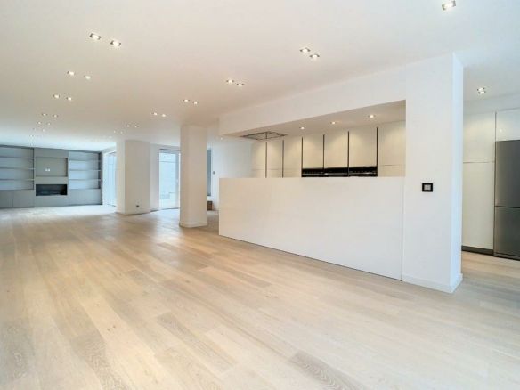 Salon moderne lumineux avec cuisine ouverte, mur en pierre et cheminée cosy.