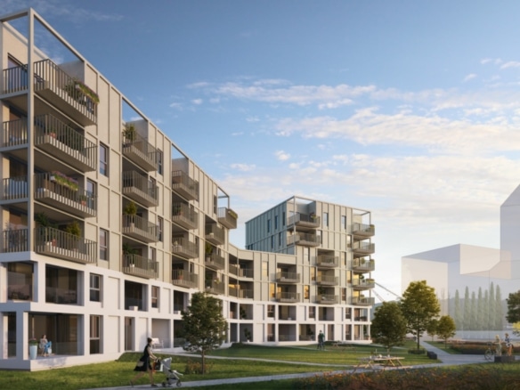 Complexe résidentiel contemporain avec jardins, fenêtres panoramiques et espaces de détente.