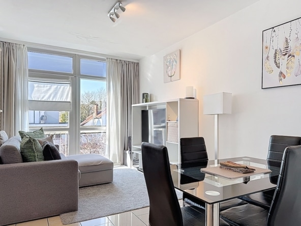 Lichte hedendaagse woonkamer met grijze bank, glazen tafel, modern tapijt en stijlvolle eethoek.