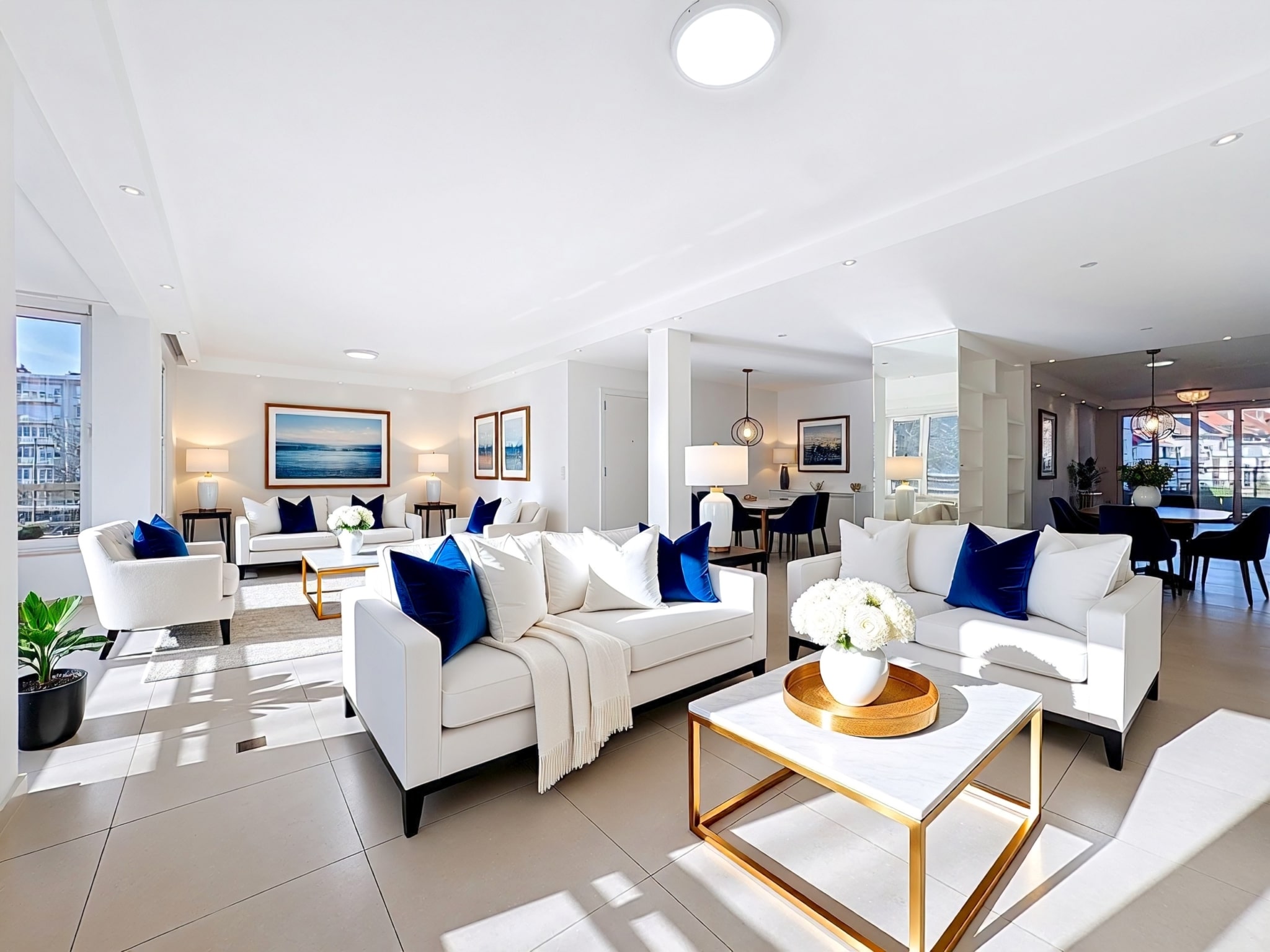 Elegante en lichte woonkamer in La Cambre - U Vastgoedkantoor Lichte woonkamer bij La Cambre met witte banken, blauwe kussens en eethoek