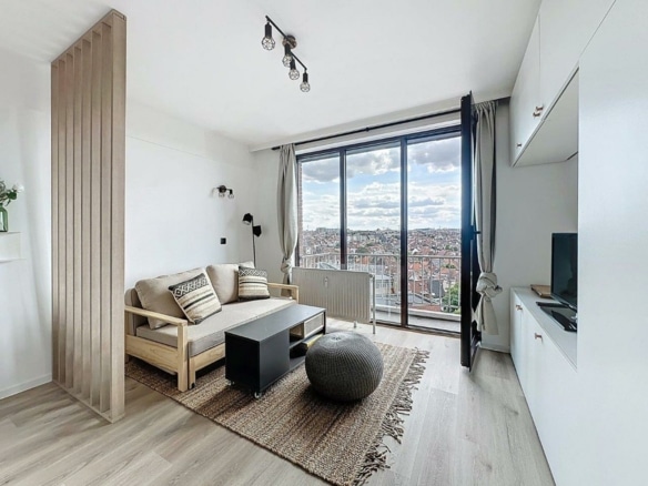 Salon moderne lumineux dappartement avec balcon vue urbaine et parquet clair   studio  etterbeek