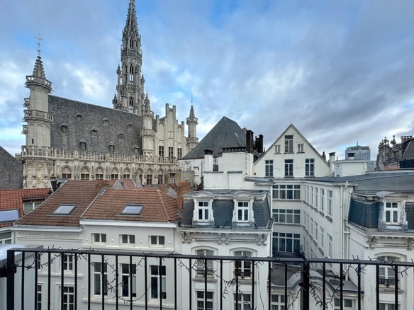 Vue depuis terrasse dappartement sur bâtiments historiques et beffroi gothique à bruxelles   appartement 1 chambre  bruxelles