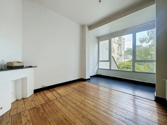 Lichte woonkamer in een appartement met oud parket, open haard en grote raampartij   appartement met 1 slaapkamer  Saint Gilles