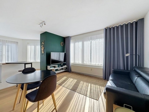 Salon lumineux dappartement moderne avec grandes fenêtres canapé noir et parquet clair   appartement 1 chambre  anderlecht