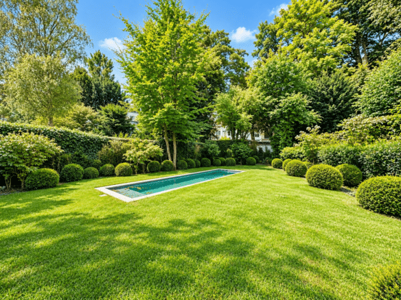 Jardin paysager de maison avec pelouse bassin rectangulaire et haies   appartement 3 chambres  ixelles