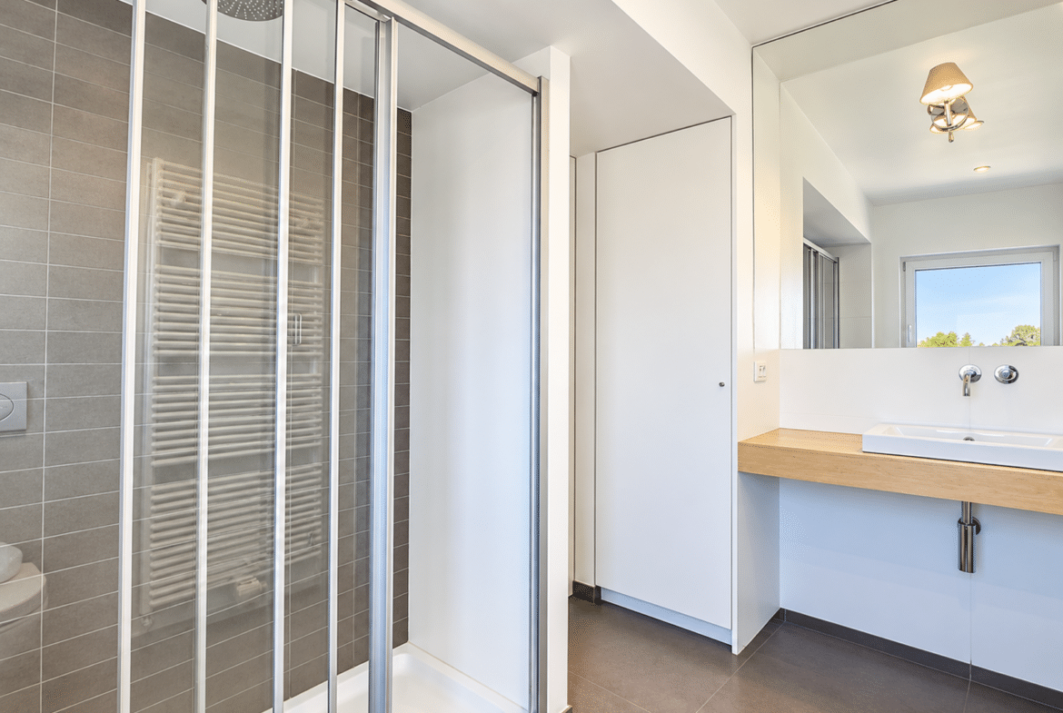 Modern bathroom with a walk-in shower and a wooden vanity.