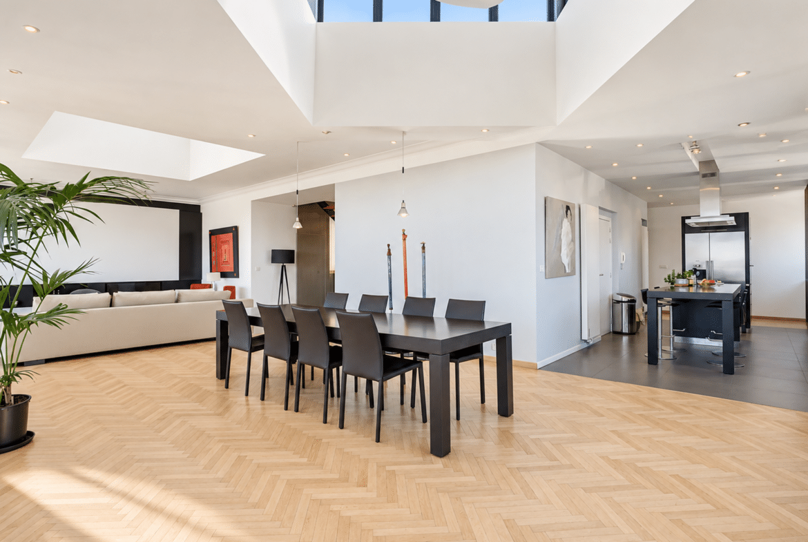 Contemporary home with a bright living room, dining room, and open-concept designer kitchen.