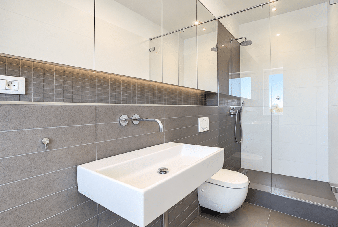 Modern bathroom with a walk-in shower and sink in an apartment.