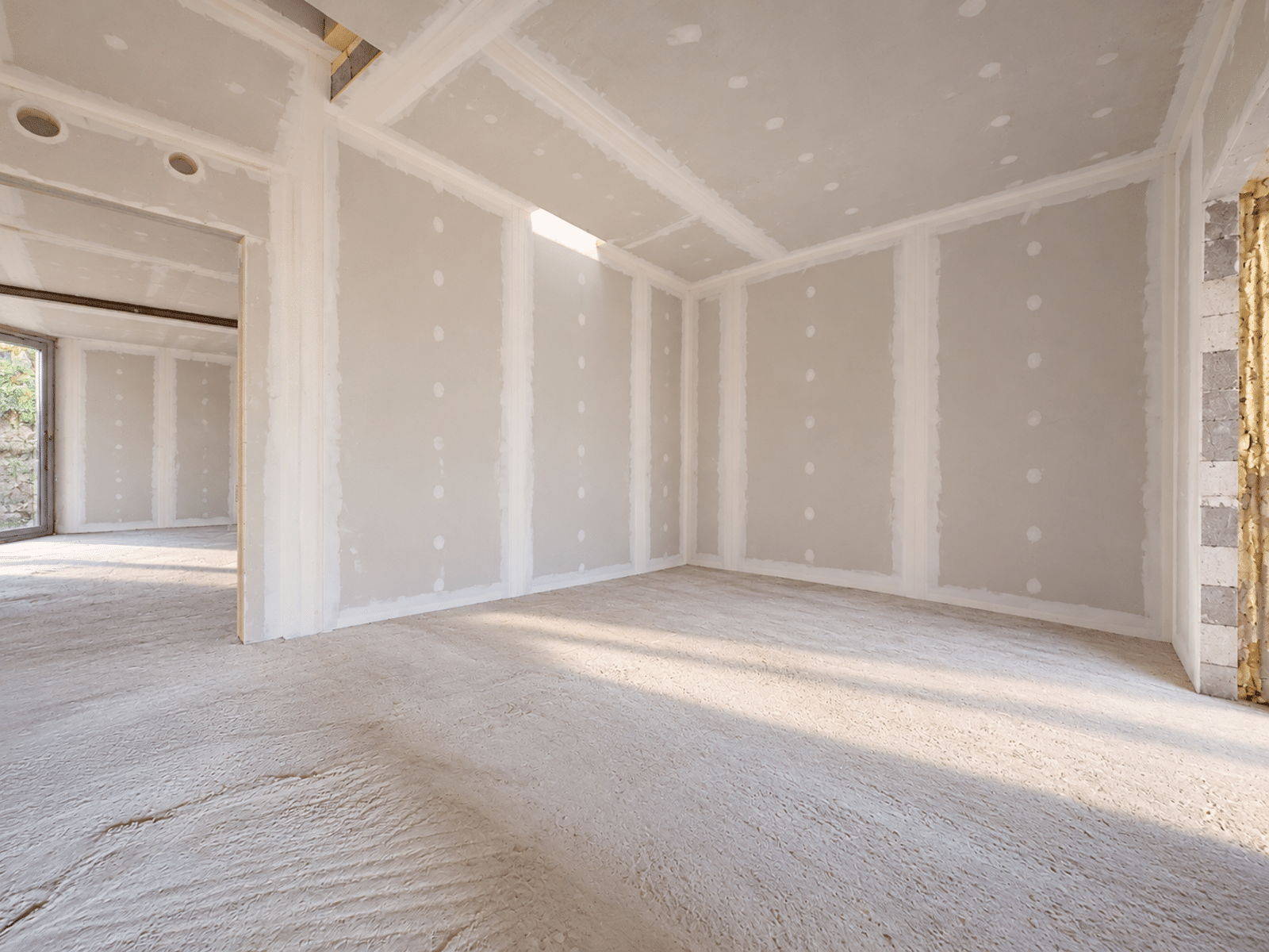 Lichte woonkamer in renovatie – You Real Estate Agency Lichte woonkamer in renovatie met gipsplaten in een nieuwbouwwoning.
