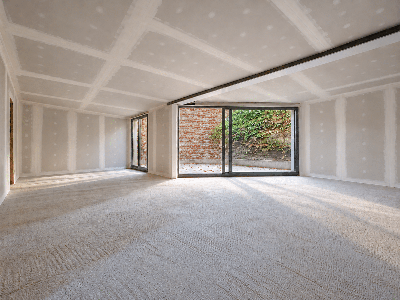 Woning in renovatie met terras – You Real Estate Agency Woonkamer in renovatie met grote ramen die uitkomen op het terras en een groene muur.