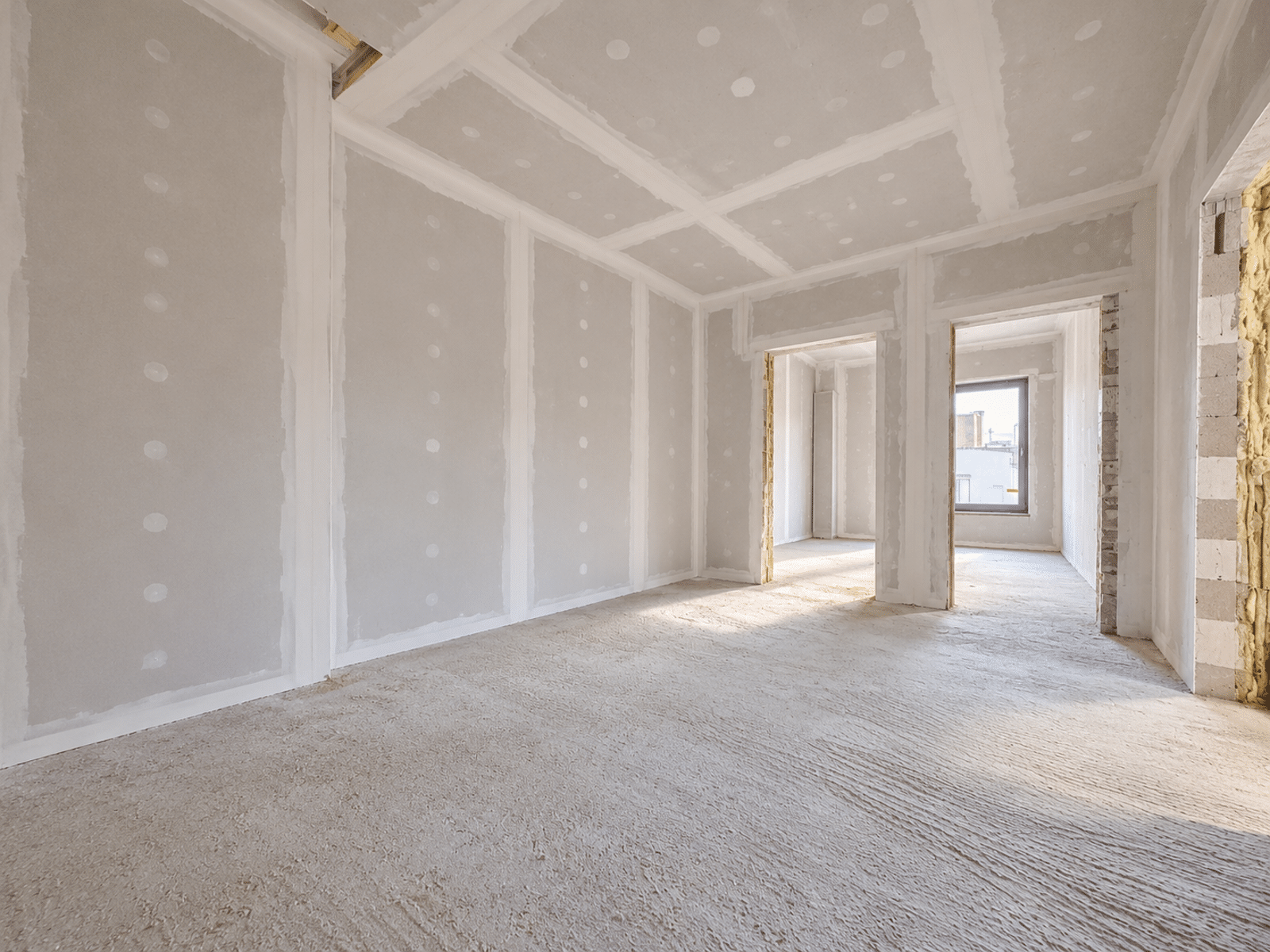 Lichte woonkamer in renovatie – You Real Estate Agency Woonkamer in een appartement in renovatie, met gipsplaatwanden en natuurlijk licht.