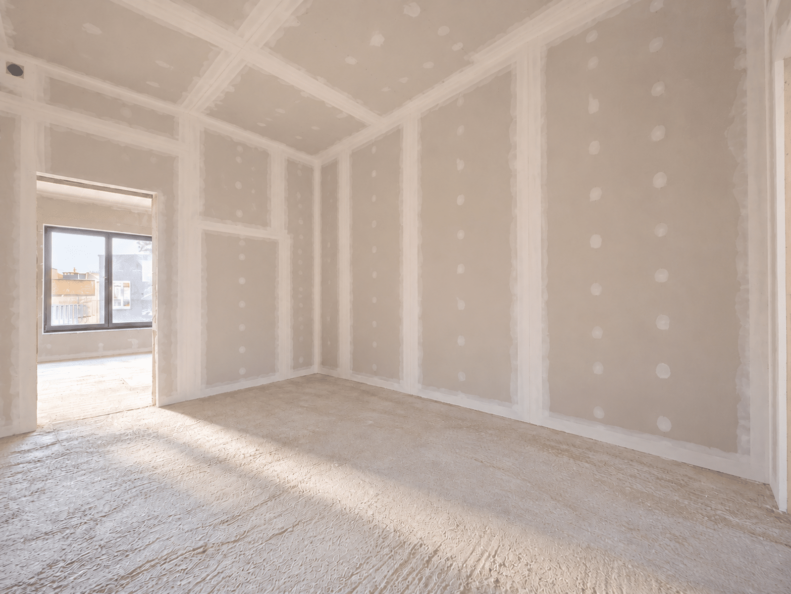 Lichte woonkamer in aanbouw – You Real Estate Agency Woonkamer in aanbouw met gipsplaatwanden en natuurlijk licht.