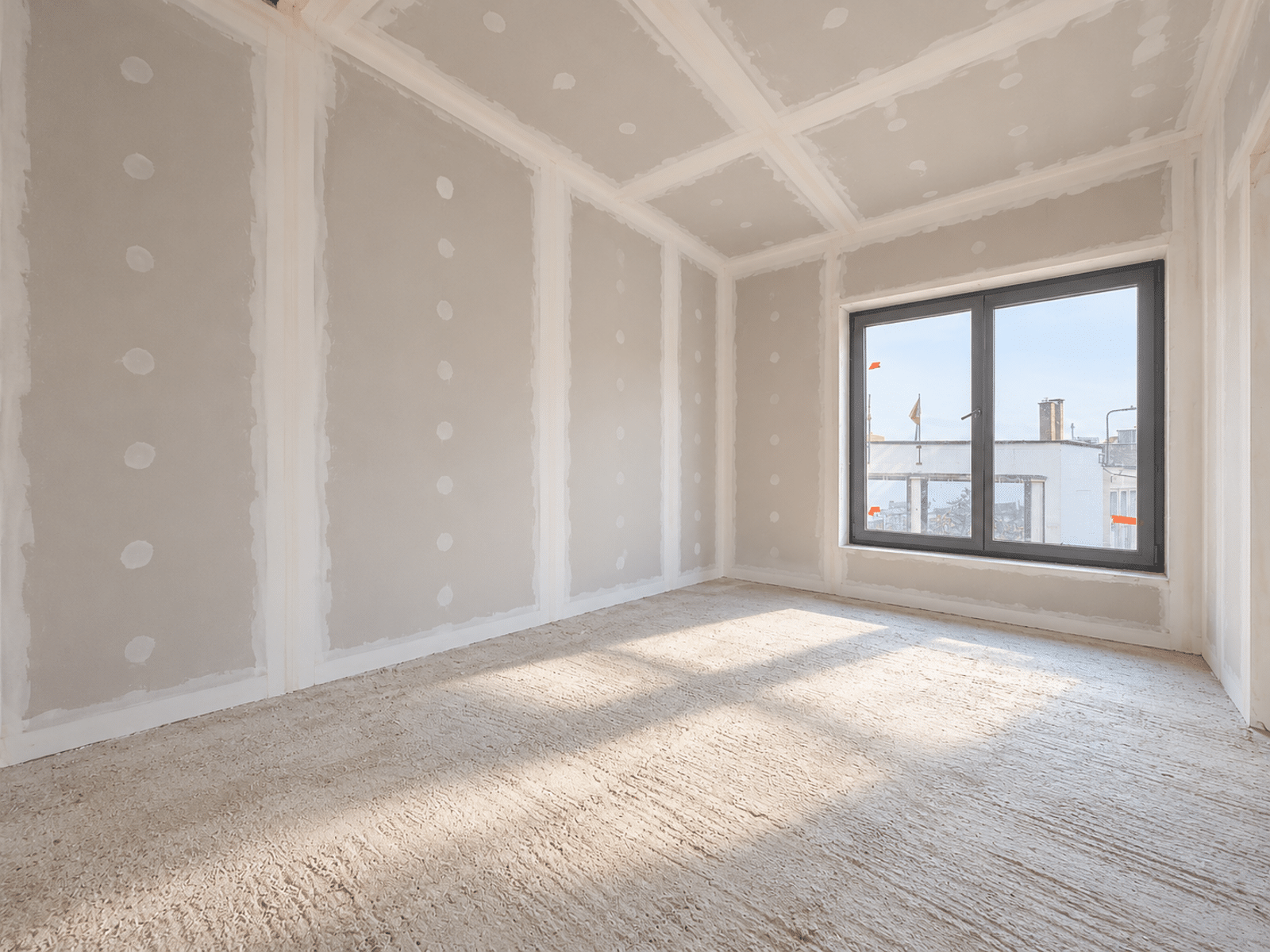 Woning in renovatie met groot raam – You Real Estate Agency Kamer in een appartement in afbouw, met een groot raam en gipsplaatwanden.