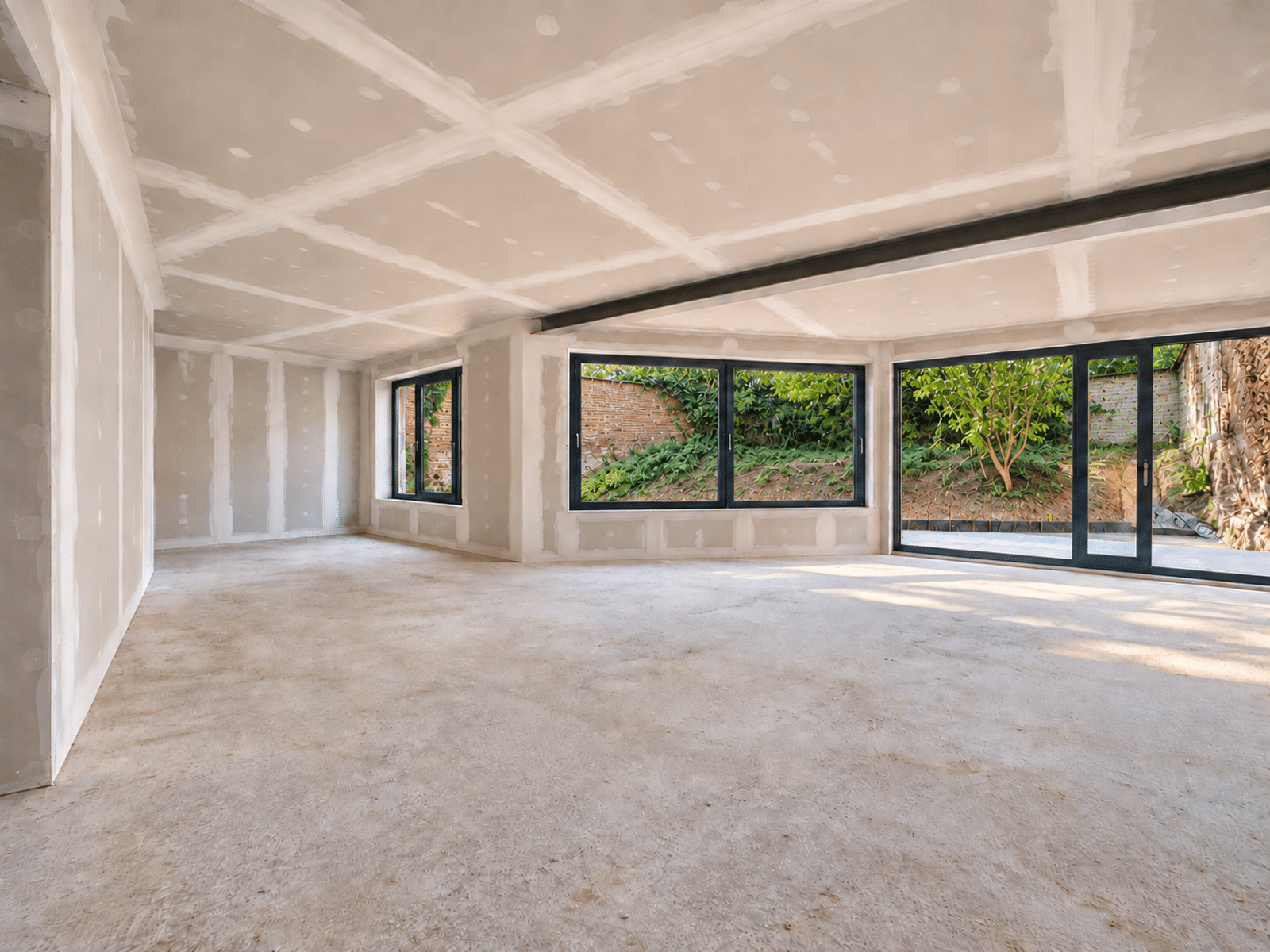 Woning in renovatie met grote ramen – You Real Estate Agency Grote woonkamer die momenteel wordt gerenoveerd, met grote ramen die uitkomen op het terras en de tuin.