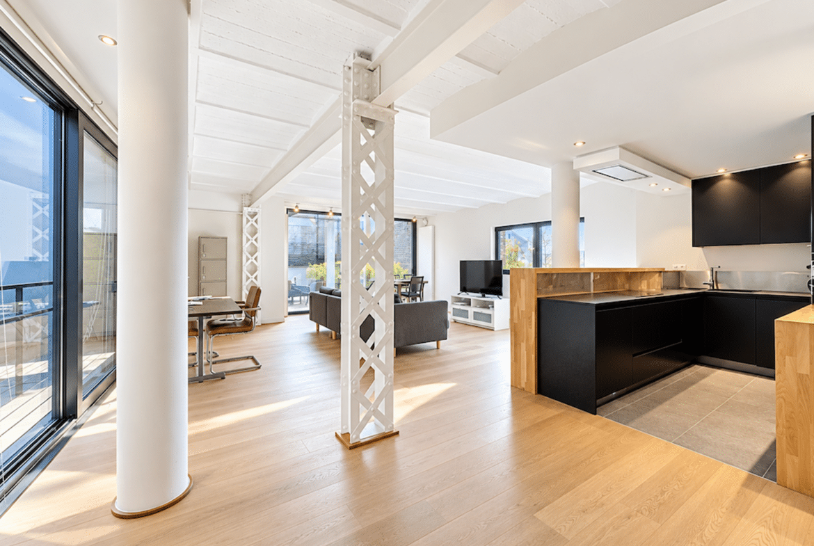 Appartement lumineux avec cuisine ouverte, salon spacieux et terrasse.
